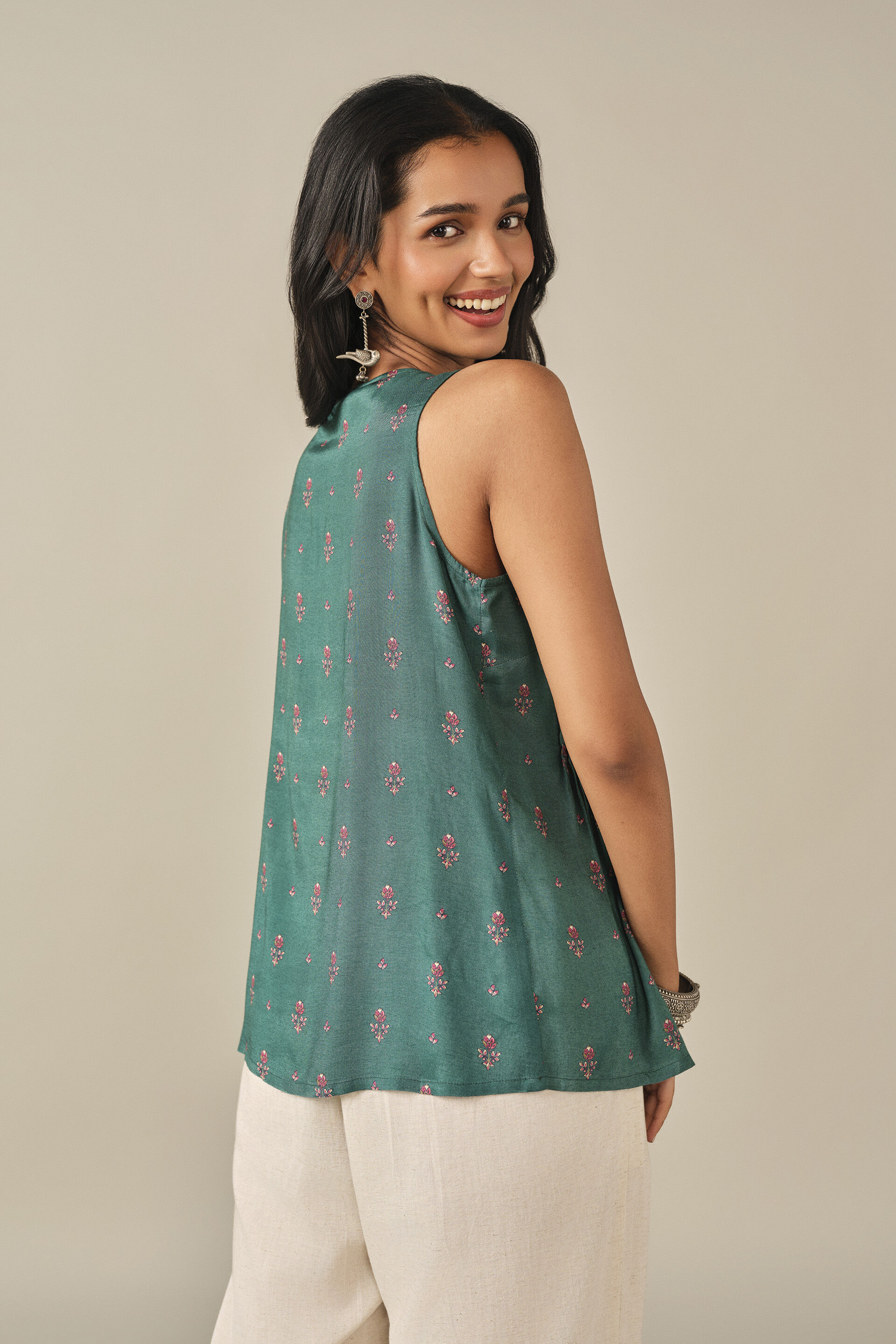 A-Line Printed Pintuck Top in Green, Green, image 5